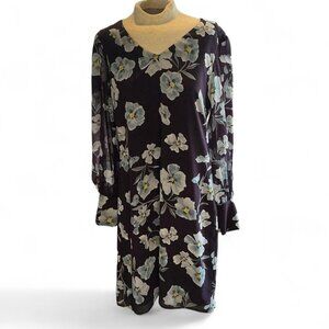 Cabi Ellery Long Sheer Puff Sleeve Shift Dress Navy Blue Floral Lined Cocktail M